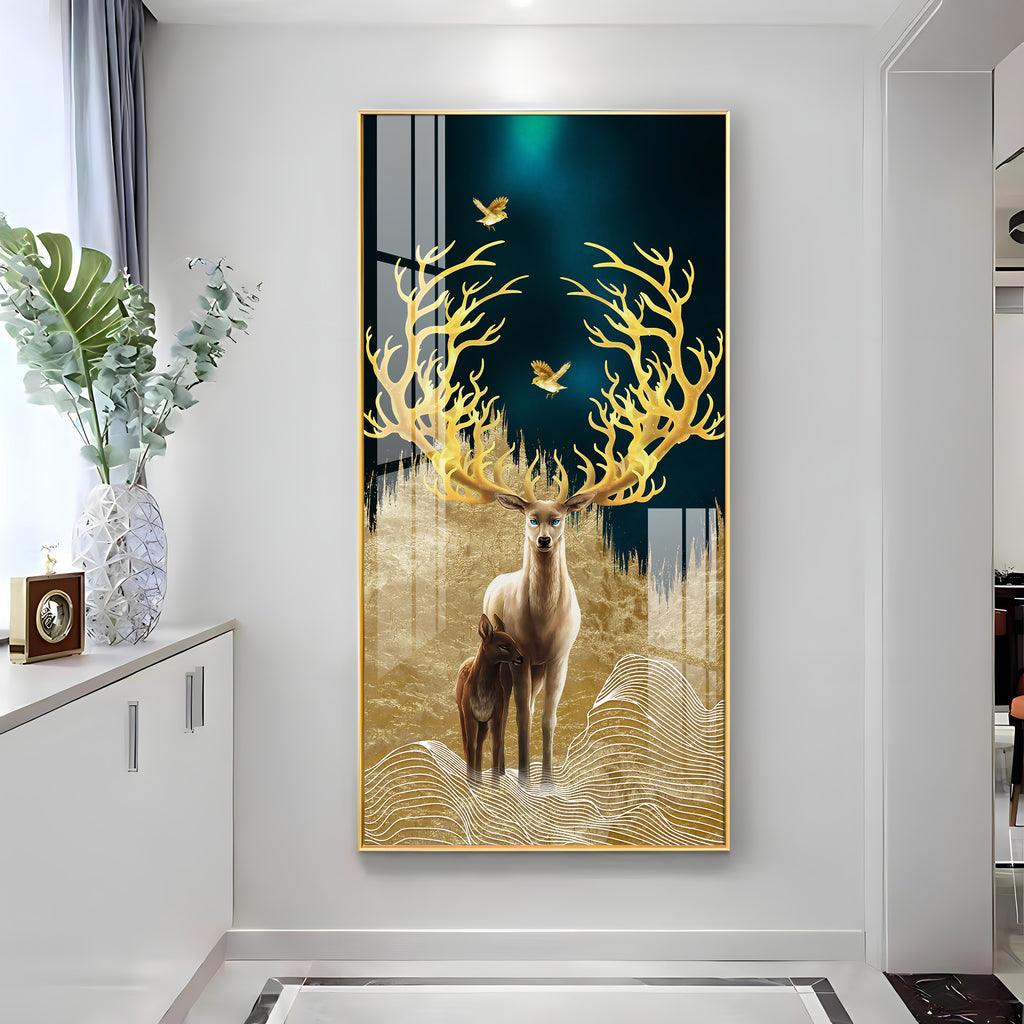 Graceful Deer with Golden Antlers Premium Acrylic Vertical Wall Art - Decor Mantra 
