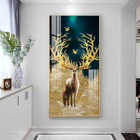 Graceful Deer with Golden Antlers Premium Acrylic Vertical Wall Art - Decor Mantra 