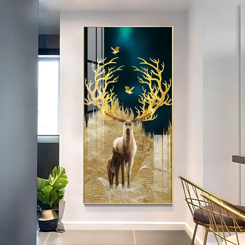 Graceful Deer with Golden Antlers Premium Acrylic Vertical Wall Art - Decor Mantra 