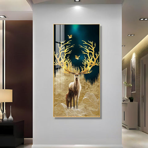 Graceful Deer with Golden Antlers Premium Acrylic Vertical Wall Art - Decor Mantra 