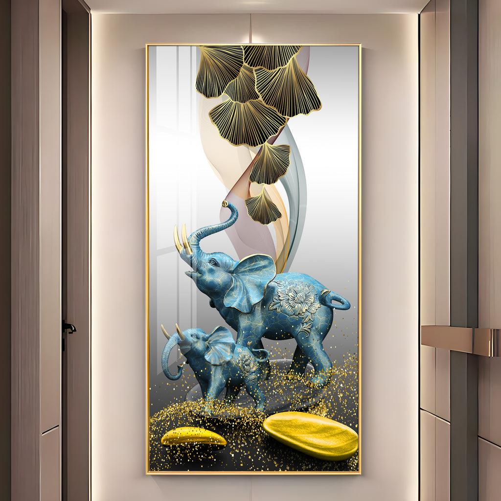 Elegant Blue Elephant with Golden Tusk Premium Acrylic Vertical Wall Art - Decor Mantra 
