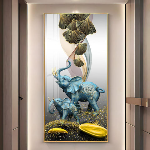 Elegant Blue Elephant with Golden Tusk Premium Acrylic Vertical Wall Art - Decor Mantra 