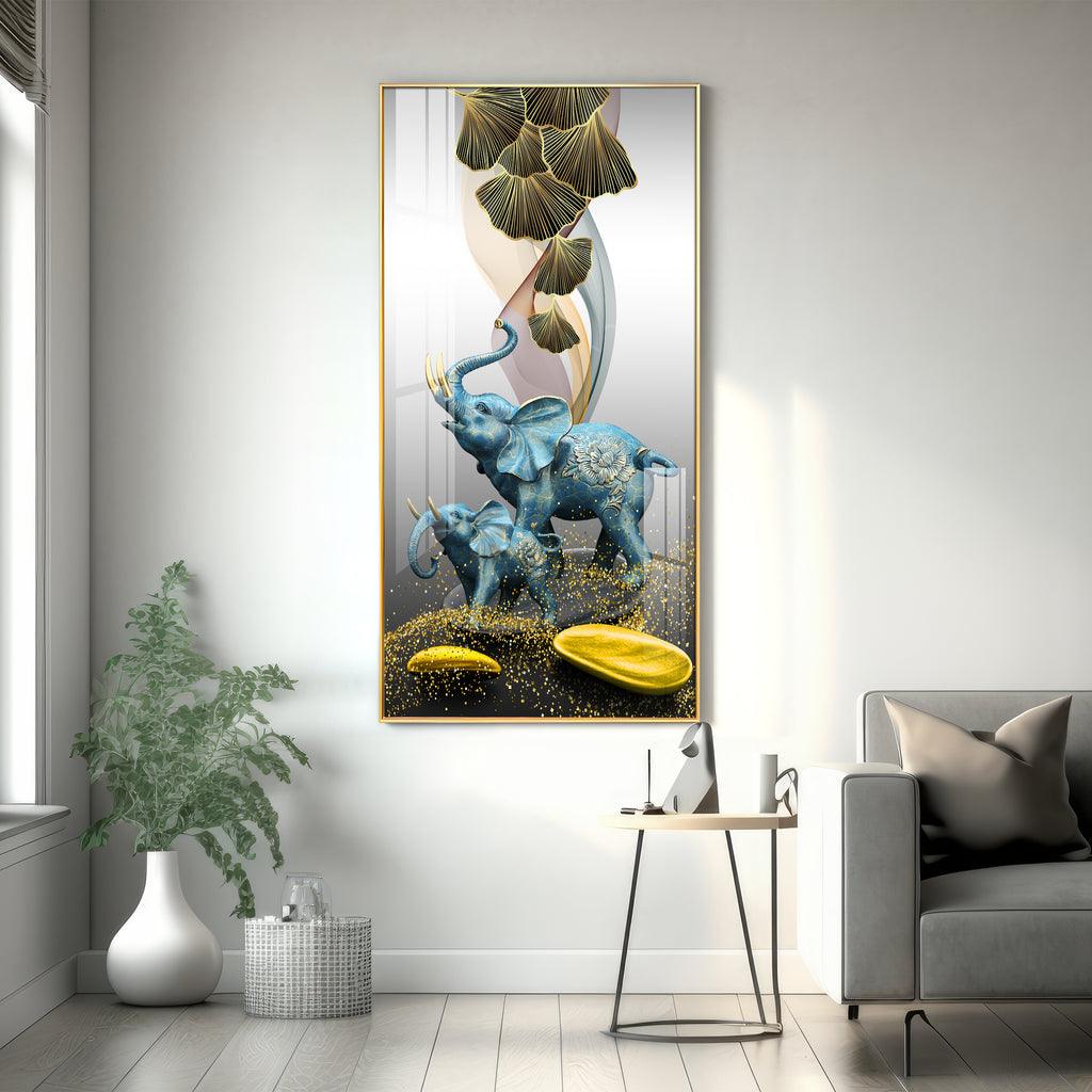 Elegant Blue Elephant with Golden Tusk Premium Acrylic Vertical Wall Art - Decor Mantra 