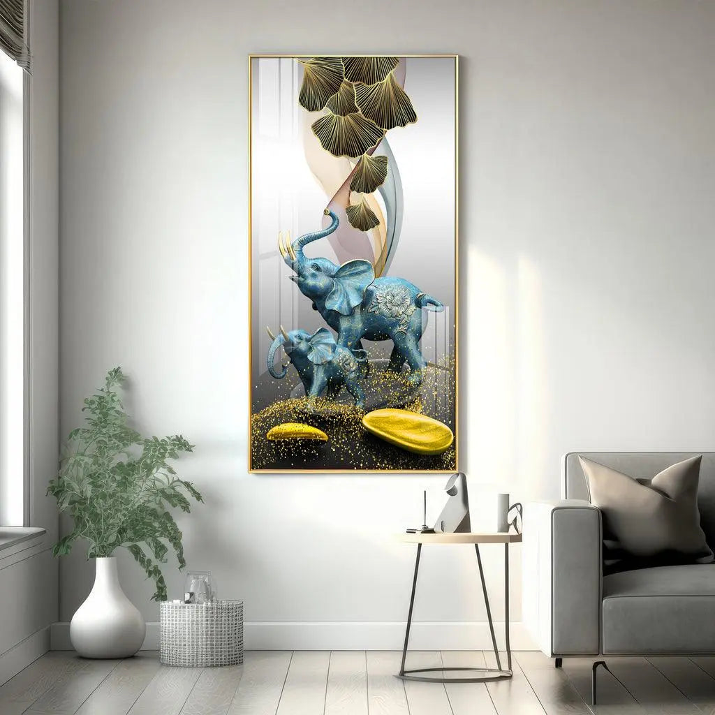 Elegant Blue Elephant with Golden Tusk Premium Acrylic Vertical Wall Art - Decor Mantra 