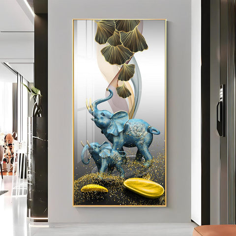 Elegant Blue Elephant with Golden Tusk Premium Acrylic Vertical Wall Art - Decor Mantra 