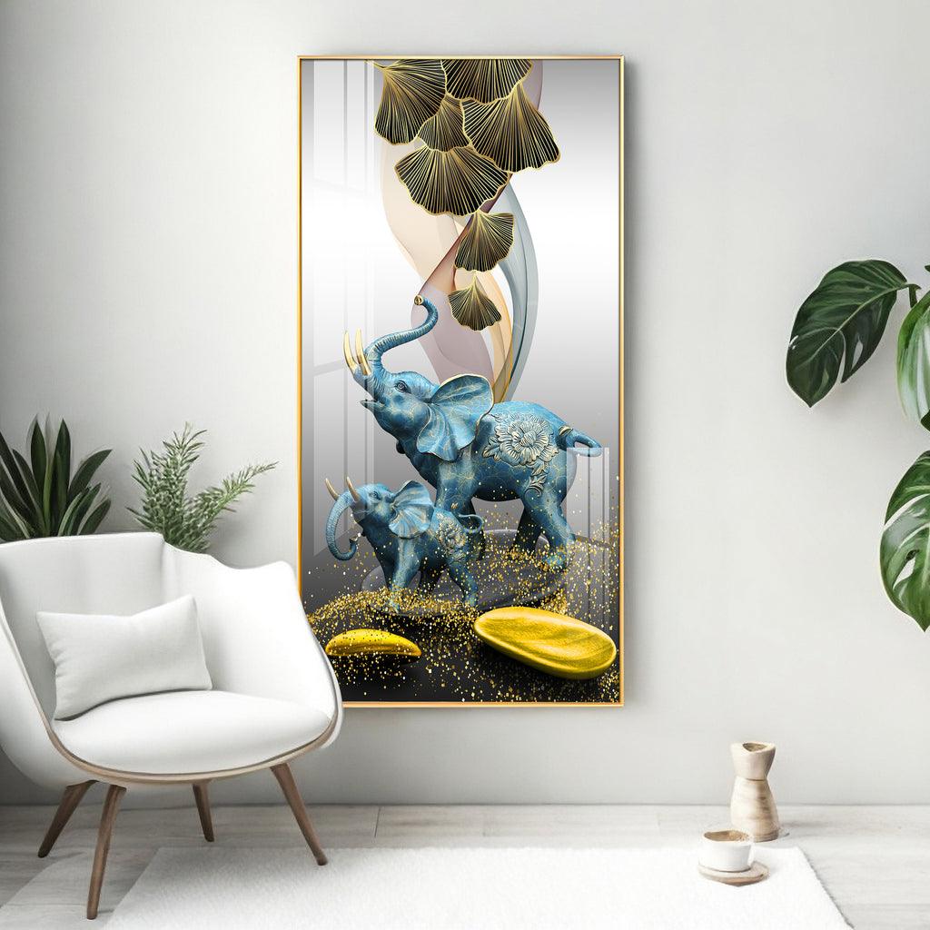Elegant Blue Elephant with Golden Tusk Premium Acrylic Vertical Wall Art - Decor Mantra 