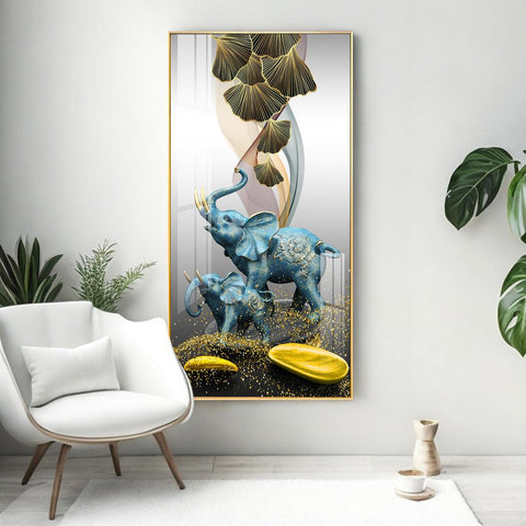 Elegant Blue Elephant with Golden Tusk Premium Acrylic Vertical Wall Art - Decor Mantra 
