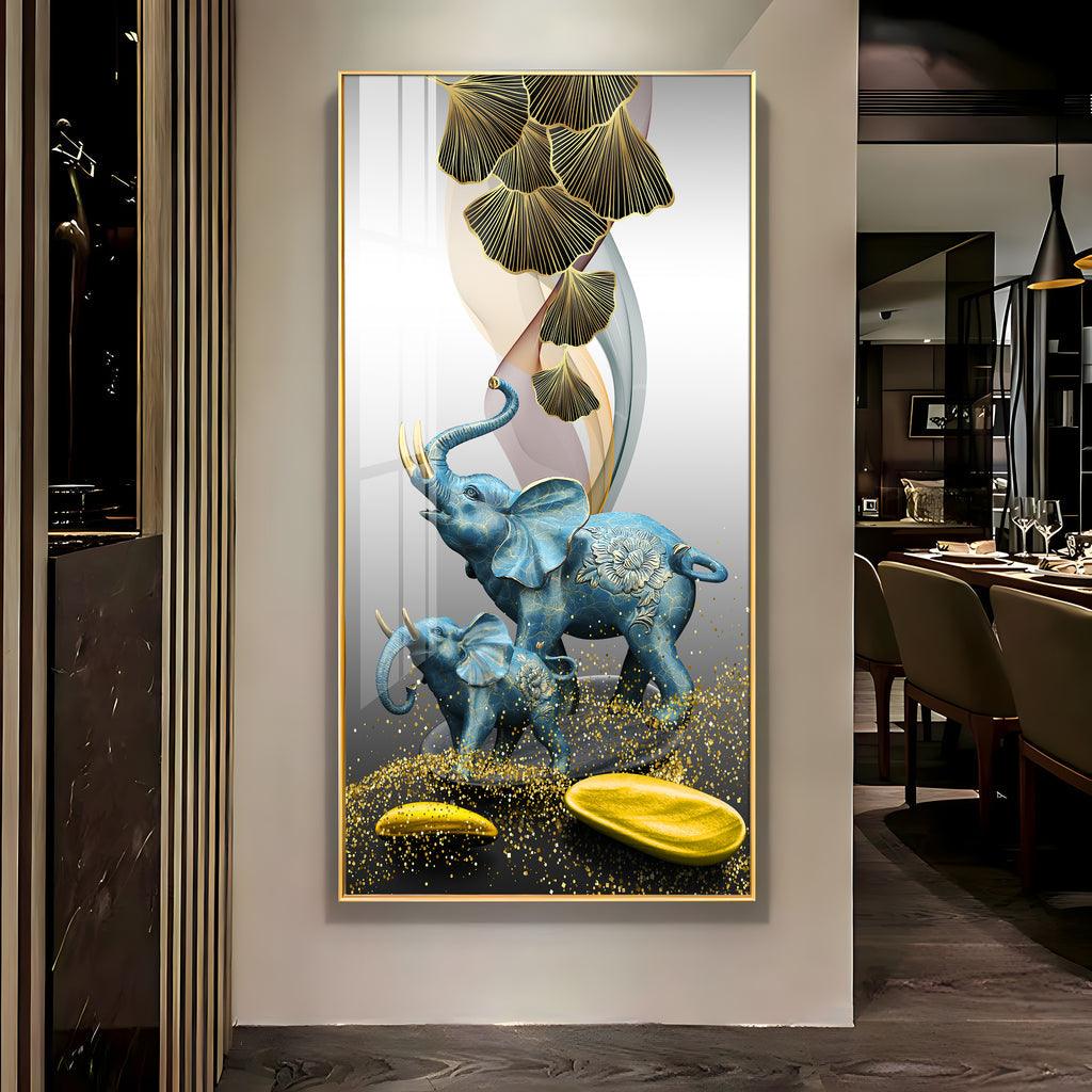 Elegant Blue Elephant with Golden Tusk Premium Acrylic Vertical Wall Art - Decor Mantra 