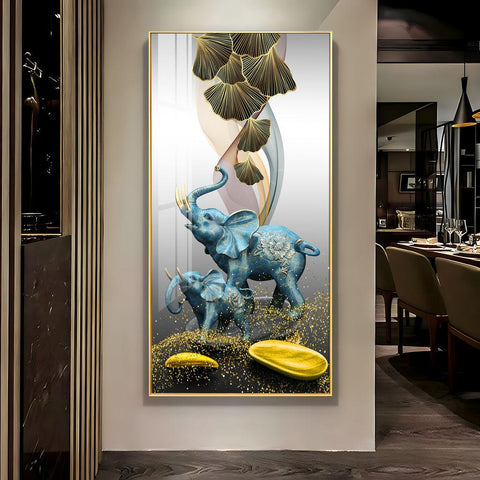 Elegant Blue Elephant with Golden Tusk Premium Acrylic Vertical Wall Art - Decor Mantra 