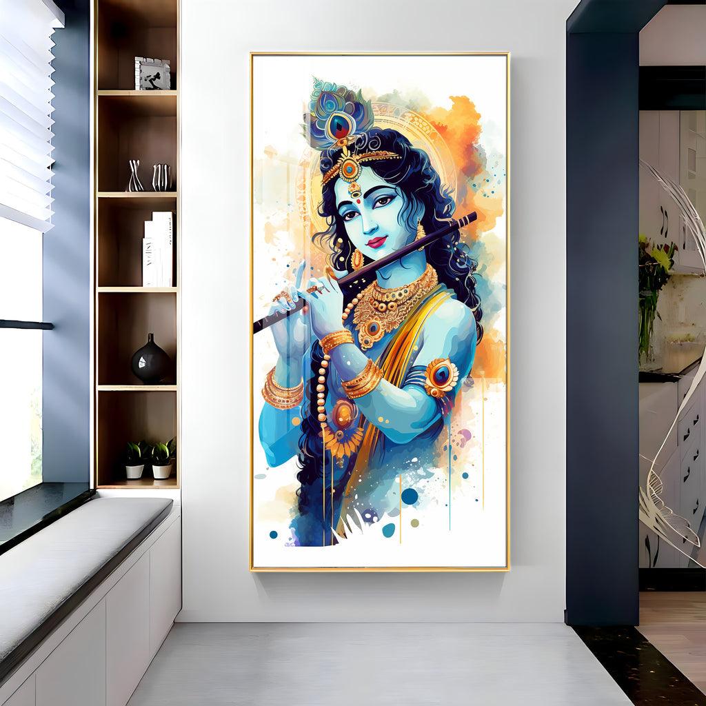 Luxurious Shree Krishna with Flute Vertical Wall Art in Premium Acrylic - Decor Mantra 