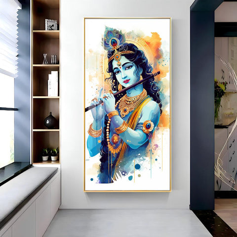 Luxurious Shree Krishna with Flute Vertical Wall Art in Premium Acrylic - Decor Mantra 