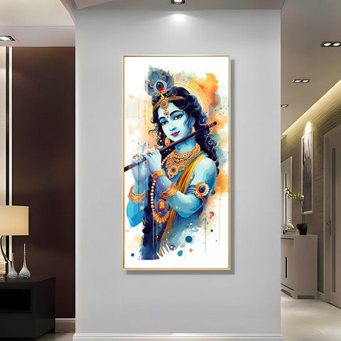 Luxurious Shree Krishna with Flute Vertical Wall Art in Premium Acrylic - Decor Mantra 