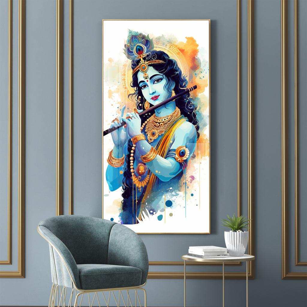 Luxurious Shree Krishna with Flute Vertical Wall Art in Premium Acrylic - Decor Mantra 