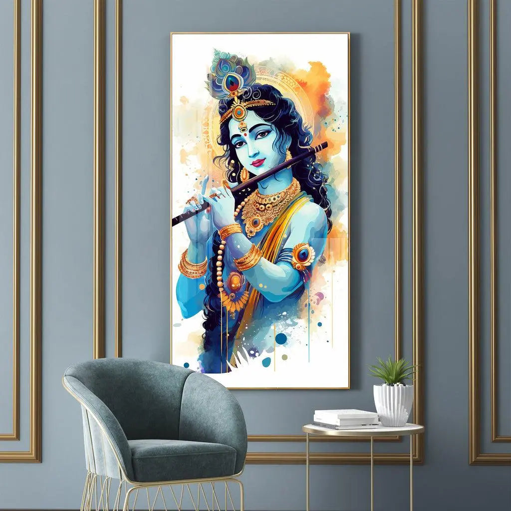 Luxurious Shree Krishna with Flute Vertical Wall Art in Premium Acrylic - Decor Mantra 
