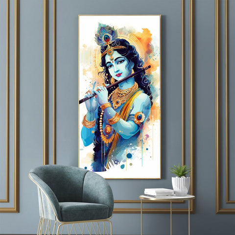 Luxurious Shree Krishna with Flute Vertical Wall Art in Premium Acrylic - Decor Mantra 