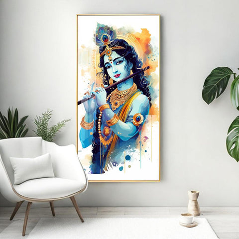 Luxurious Shree Krishna with Flute Vertical Wall Art in Premium Acrylic - Decor Mantra 