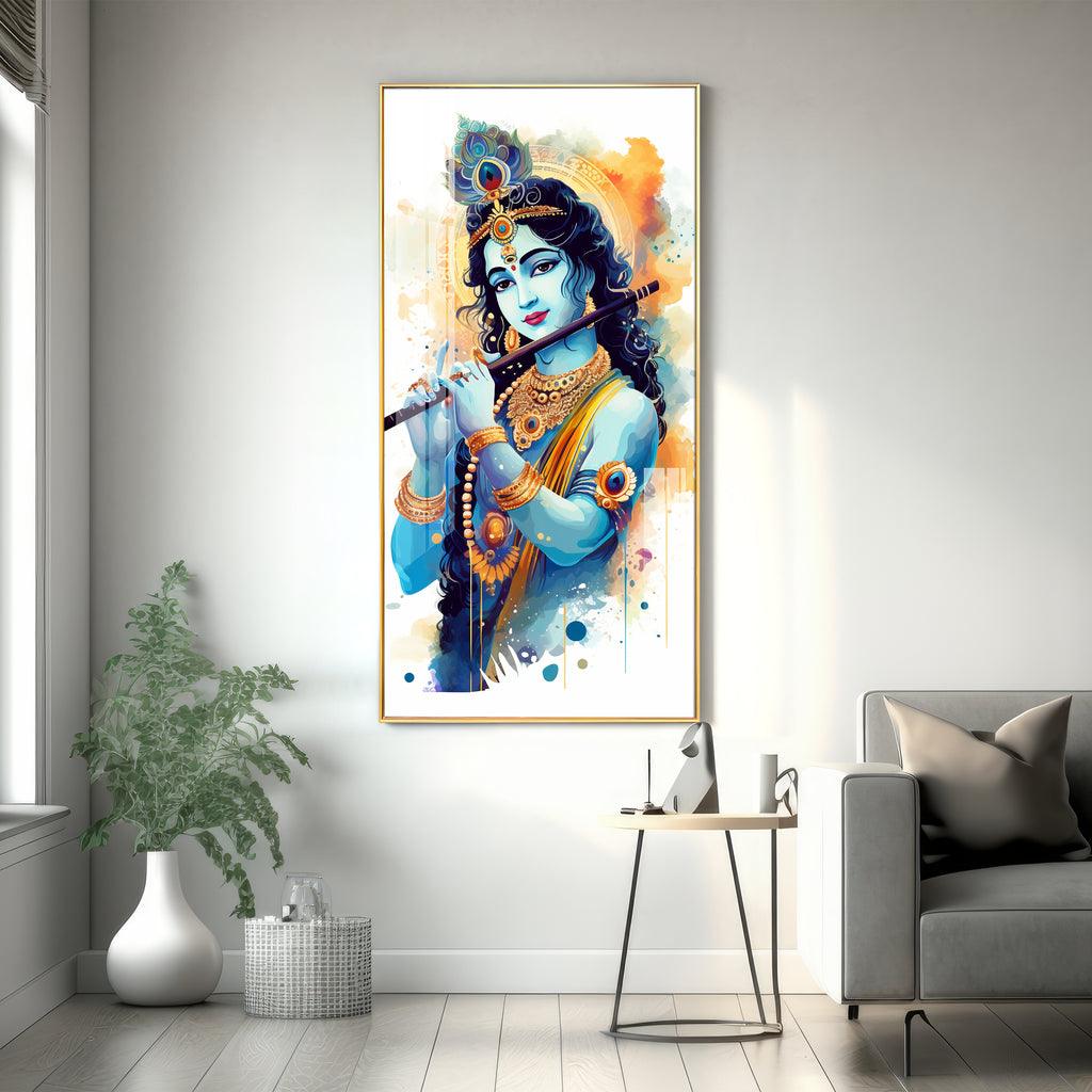 Luxurious Shree Krishna with Flute Vertical Wall Art in Premium Acrylic - Decor Mantra 