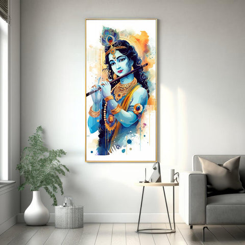 Luxurious Shree Krishna with Flute Vertical Wall Art in Premium Acrylic - Decor Mantra 