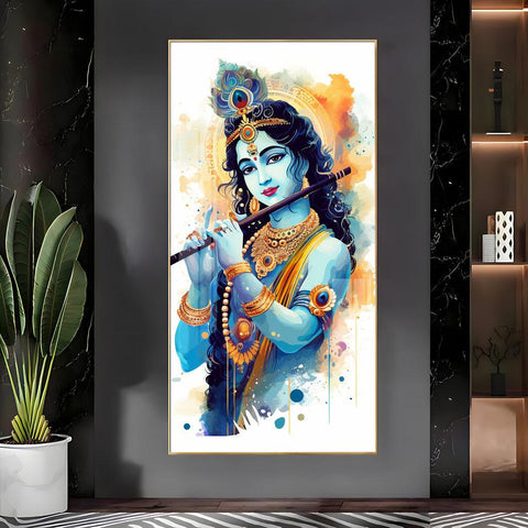 Luxurious Shree Krishna with Flute Vertical Wall Art in Premium Acrylic - Decor Mantra 