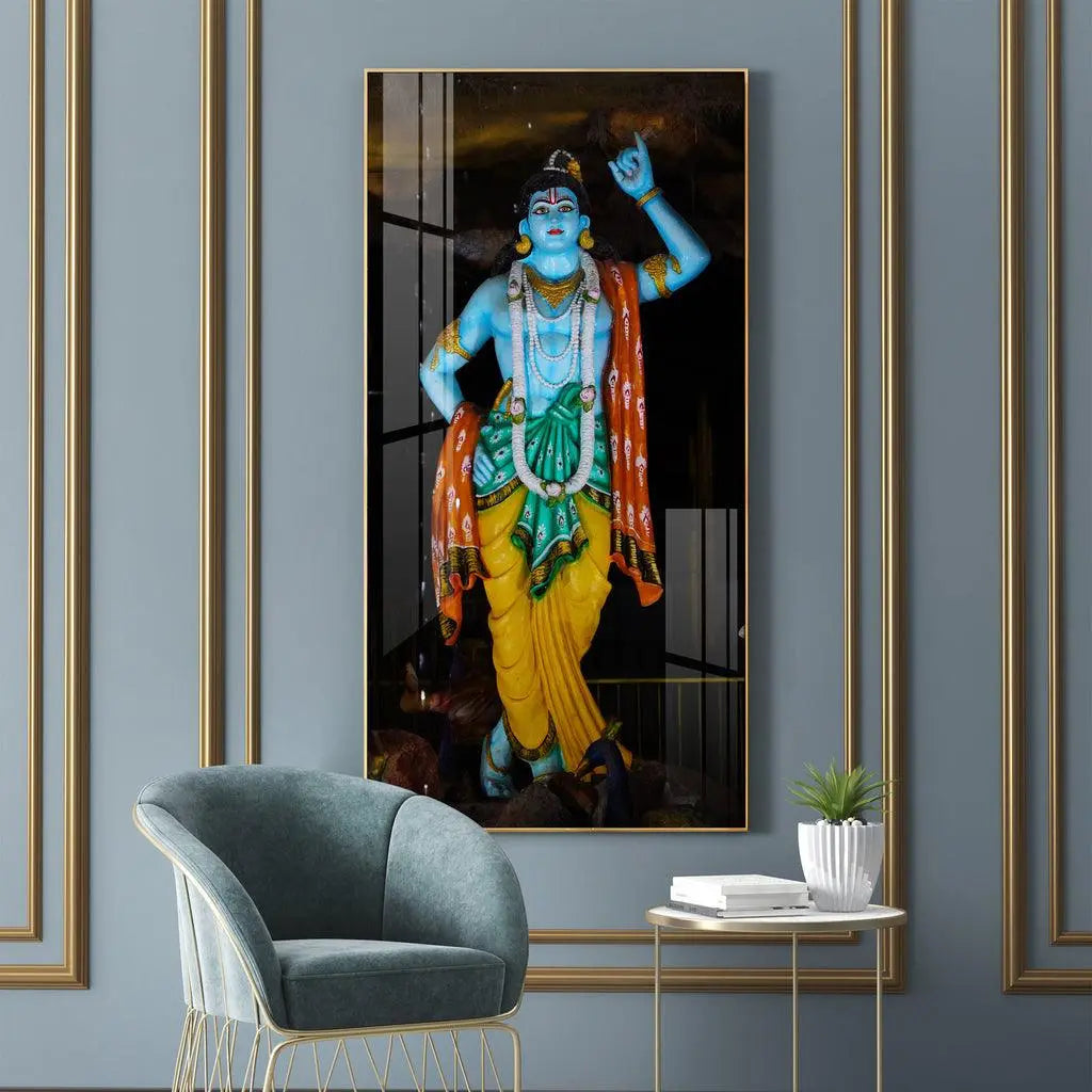 Artistic Krishna Lifting Govardhan Parvat Vertical Wall Art in Premium Acrylic - Decor Mantra 