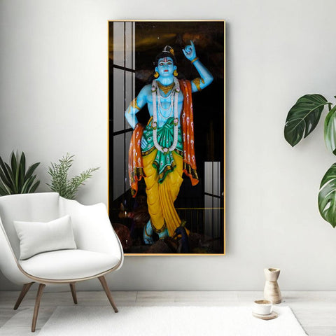Artistic Krishna Lifting Govardhan Parvat Vertical Wall Art in Premium Acrylic - Decor Mantra 