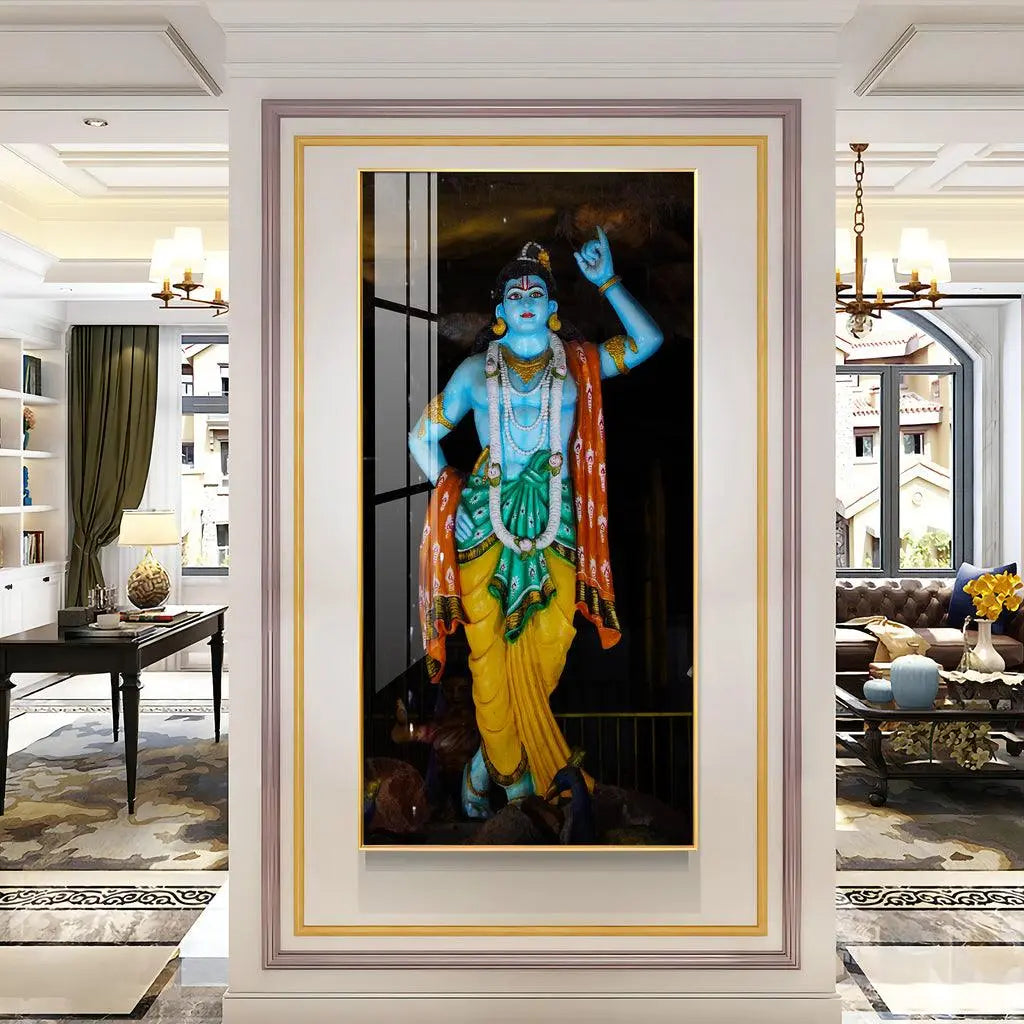 Artistic Krishna Lifting Govardhan Parvat Vertical Wall Art in Premium Acrylic - Decor Mantra 