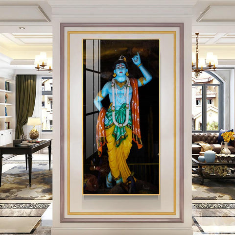 Artistic Krishna Lifting Govardhan Parvat Vertical Wall Art in Premium Acrylic - Decor Mantra 