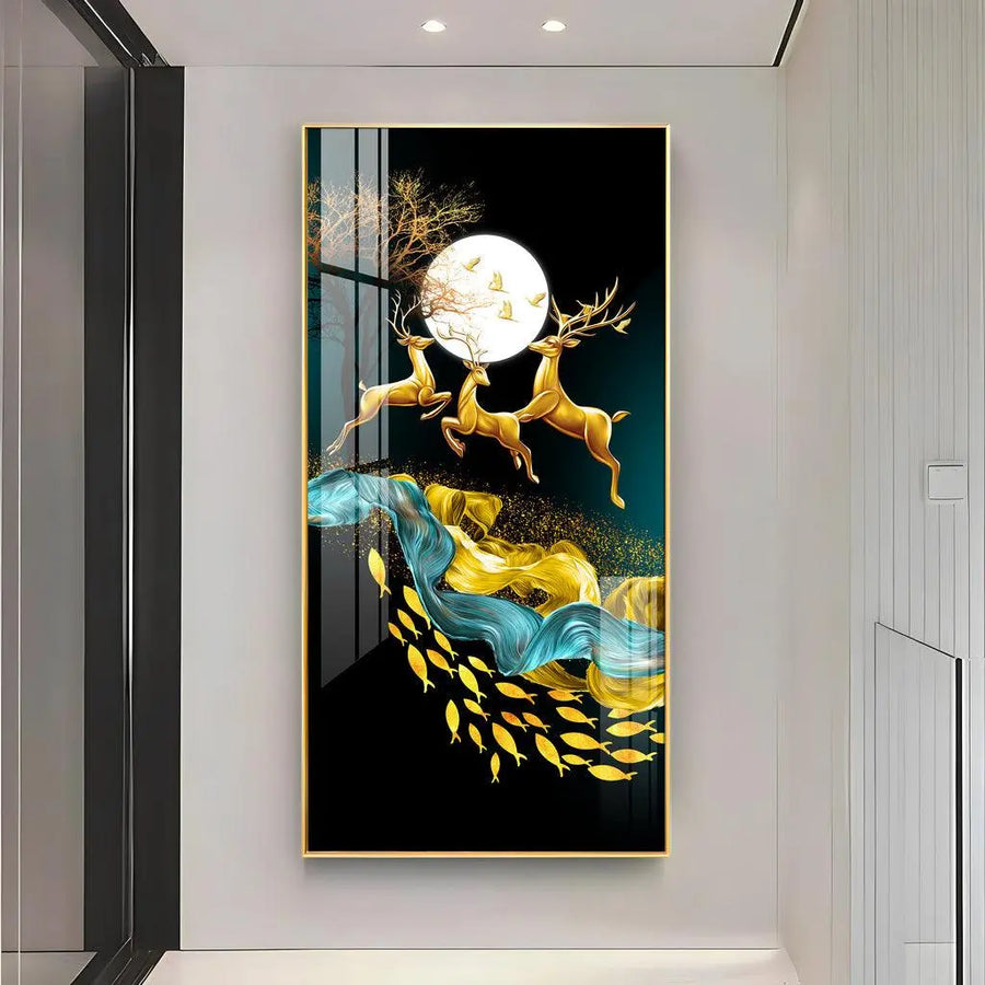 Artistic Jolly Deers with Koi Fish Vertical Wall Art in Premium Acrylic - Decor Mantra 