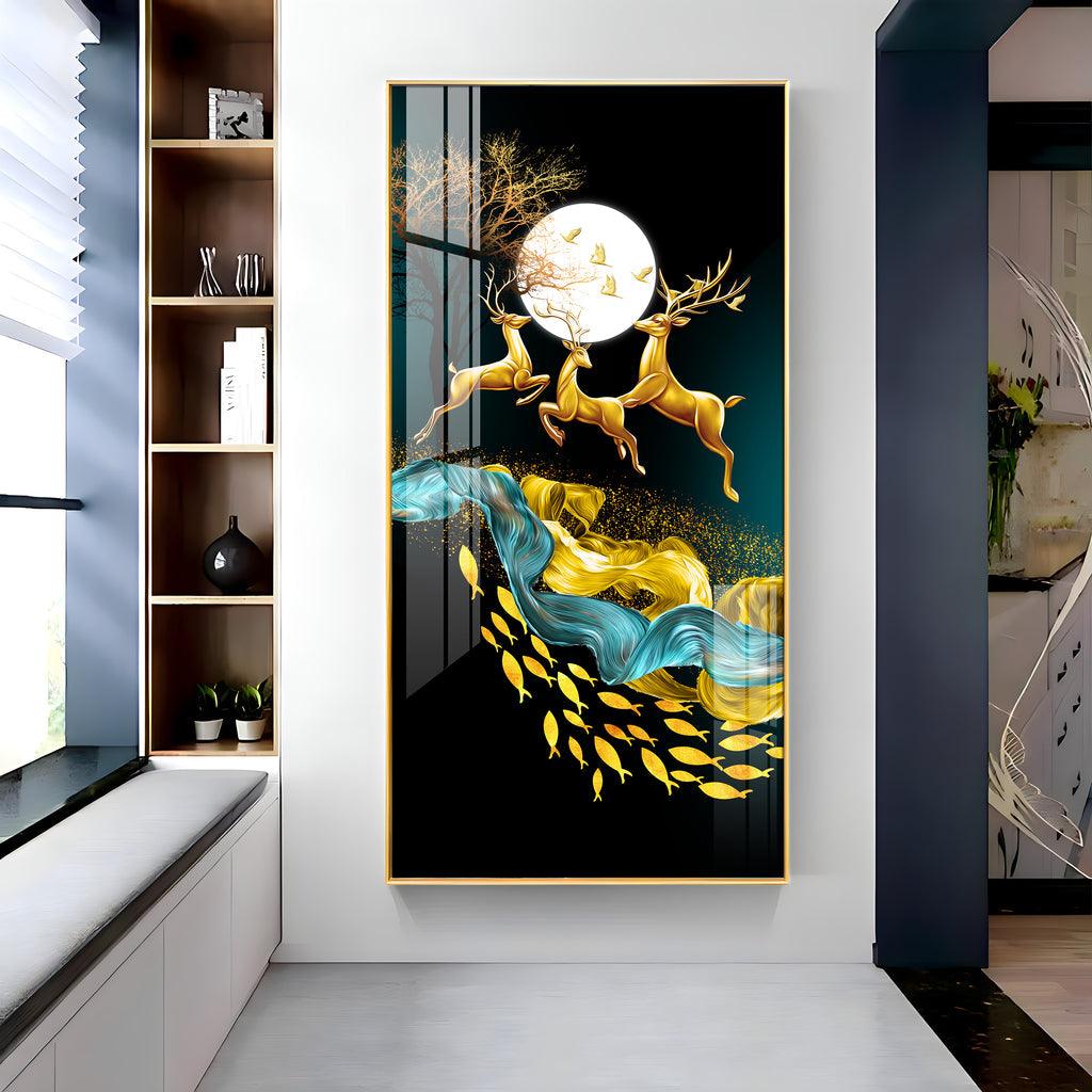 Artistic Jolly Deers with Koi Fish Vertical Wall Art in Premium Acrylic - Decor Mantra 