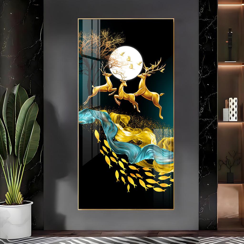 Artistic Jolly Deers with Koi Fish Vertical Wall Art in Premium Acrylic - Decor Mantra 