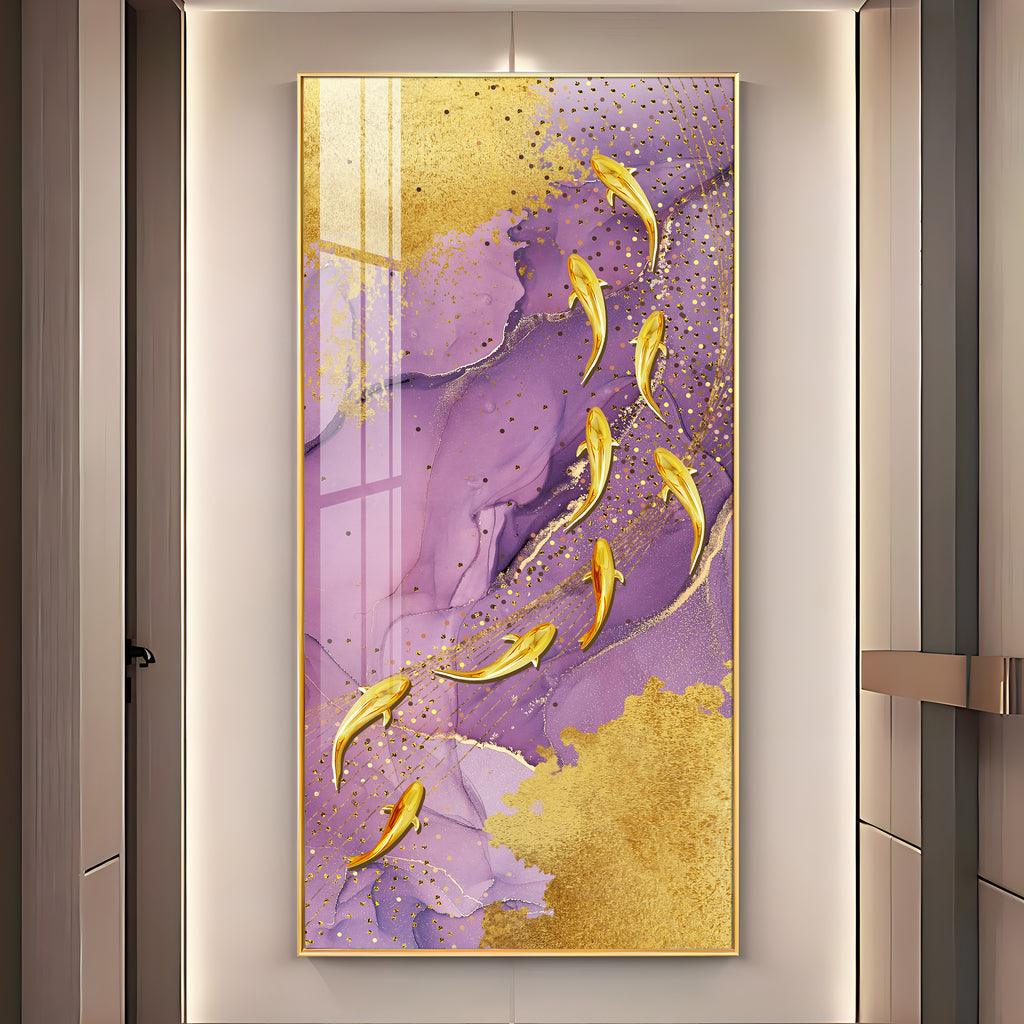Elegant Premium Acrylic Vertical Wall Art with Purple Textured Golden Fish - Decor Mantra 