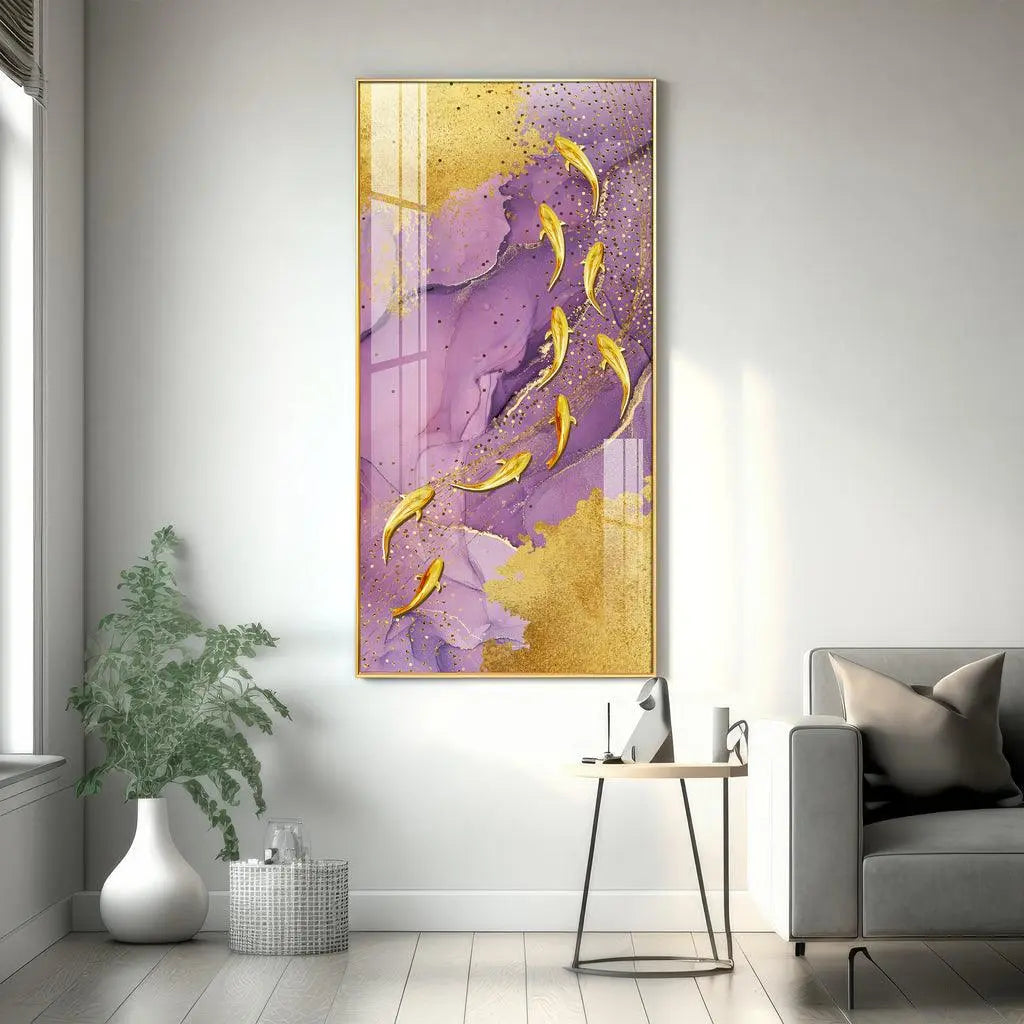 Elegant Premium Acrylic Vertical Wall Art with Purple Textured Golden Fish - Decor Mantra 