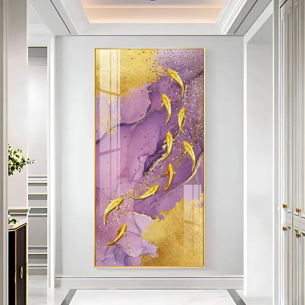 Elegant Premium Acrylic Vertical Wall Art with Purple Textured Golden Fish - Decor Mantra 