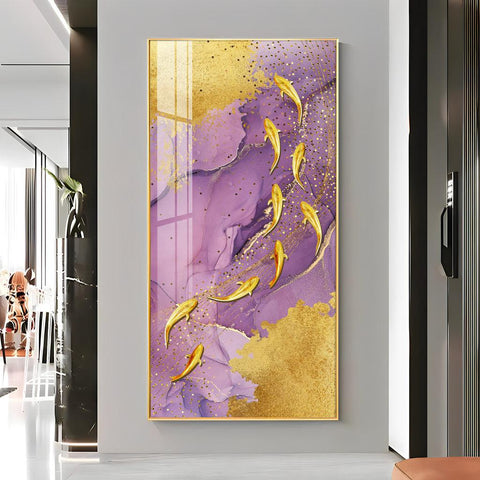 Elegant Premium Acrylic Vertical Wall Art with Purple Textured Golden Fish - Decor Mantra 