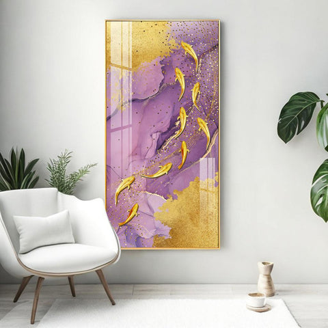 Elegant Premium Acrylic Vertical Wall Art with Purple Textured Golden Fish - Decor Mantra 