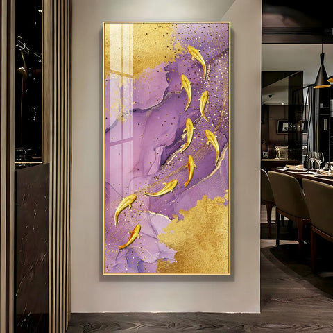 Elegant Premium Acrylic Vertical Wall Art with Purple Textured Golden Fish - Decor Mantra 