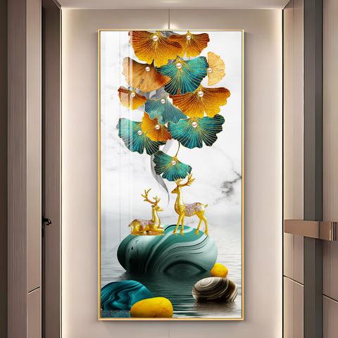 Stunning Deer and Ginkgo Leaves Vertical Acrylic Wall Art - Decor Mantra 