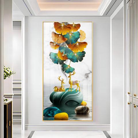 Stunning Deer and Ginkgo Leaves Vertical Acrylic Wall Art - Decor Mantra 