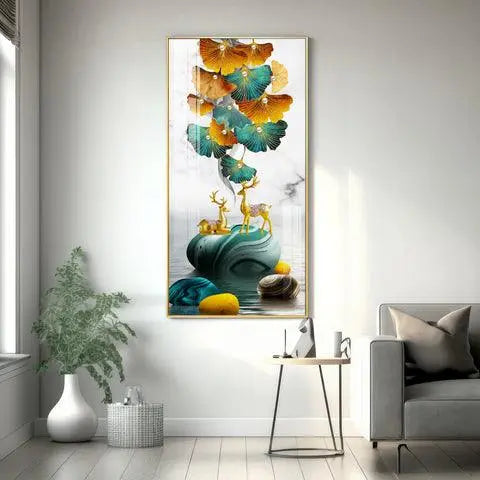 Stunning Deer and Ginkgo Leaves Vertical Acrylic Wall Art - Decor Mantra 