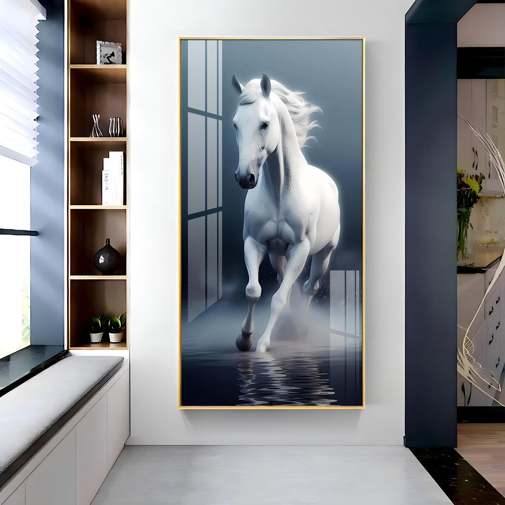Luxurious White Horse Vertical Wall Art in Premium Acrylic - Decor Mantra 