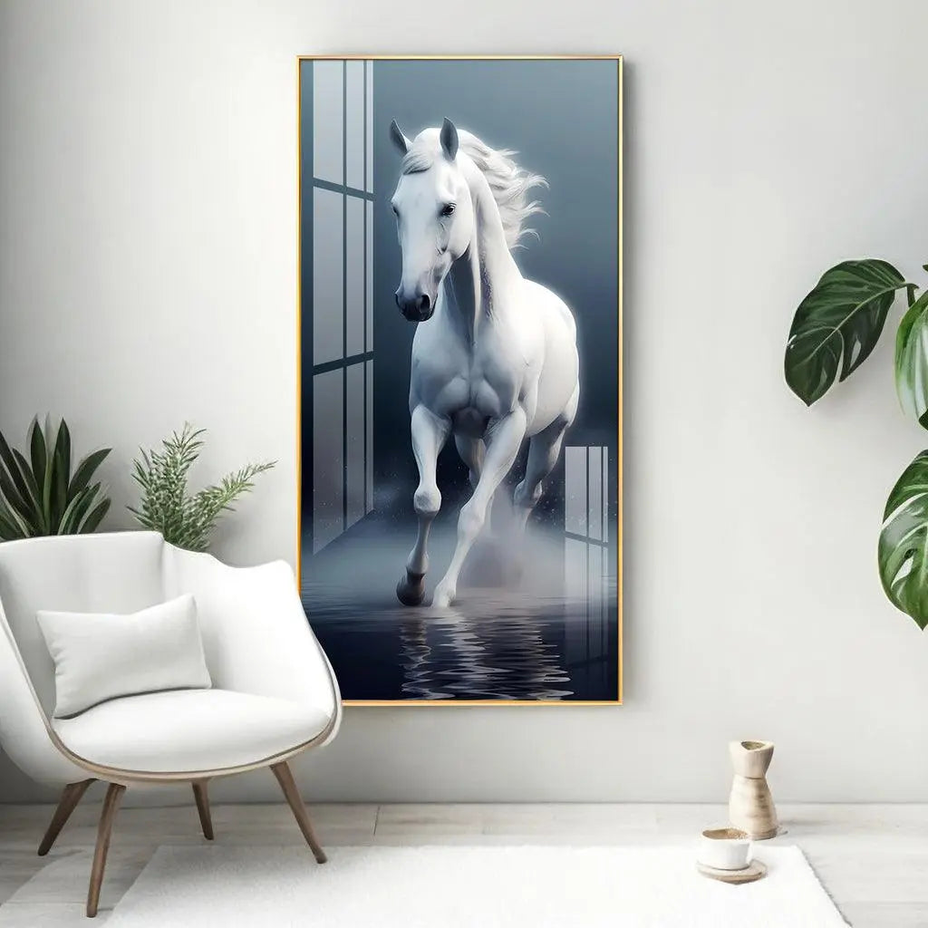 Luxurious White Horse Vertical Wall Art in Premium Acrylic - Decor Mantra 
