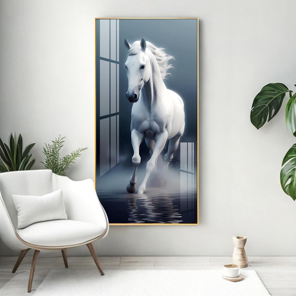 Luxurious White Horse Vertical Wall Art in Premium Acrylic - Decor Mantra 