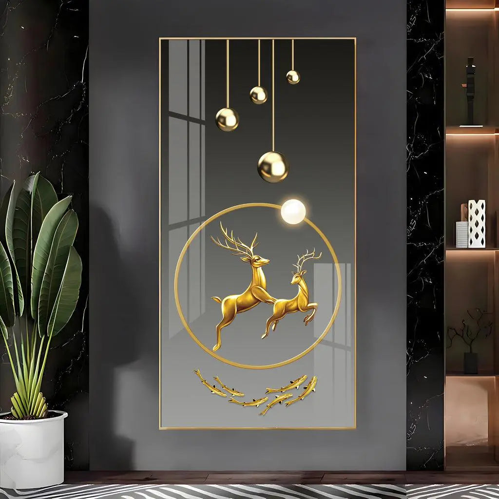 Contemporary Acrylic Wall Art Featuring Dancing Golden Reindeer Design - Decor Mantra 