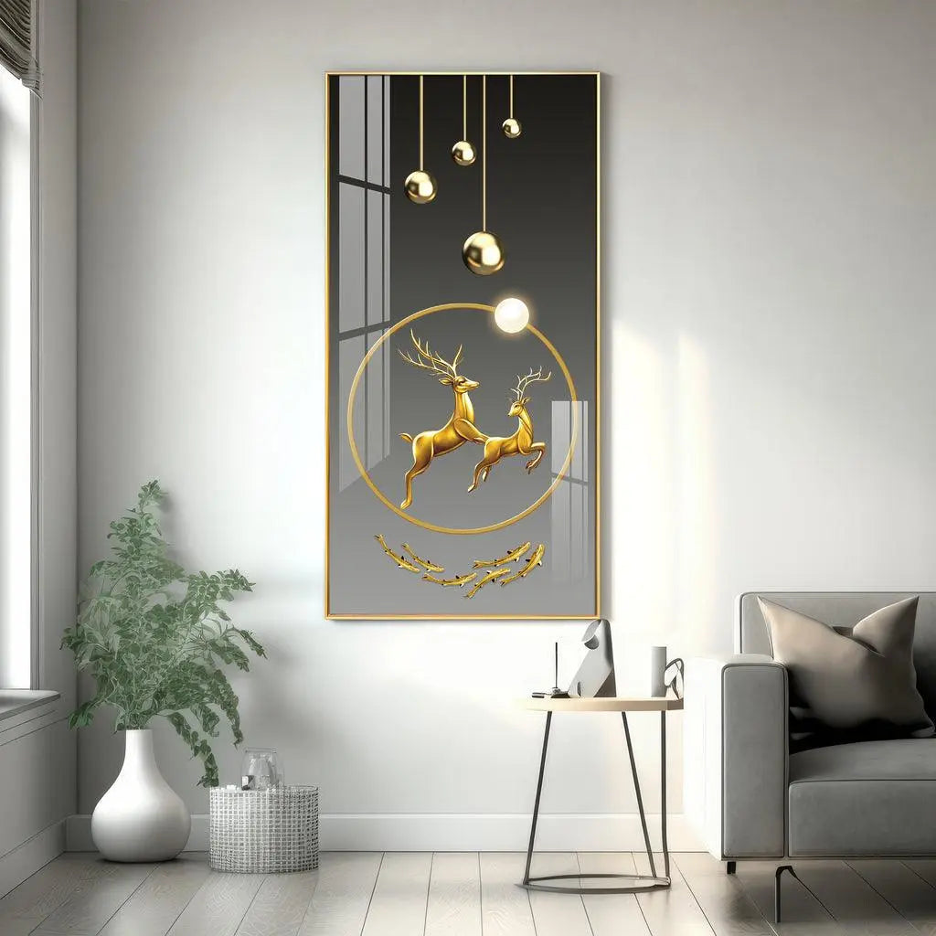Contemporary Acrylic Wall Art Featuring Dancing Golden Reindeer Design - Decor Mantra 