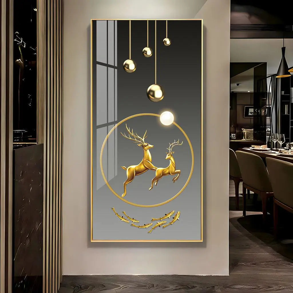 Contemporary Acrylic Wall Art Featuring Dancing Golden Reindeer Design - Decor Mantra 