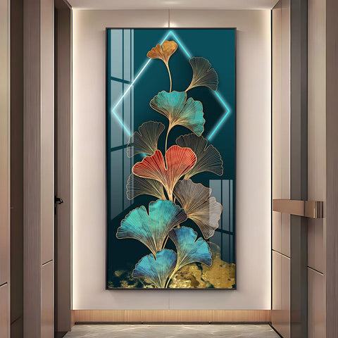 Elegant Ginkgo Leaf Gold Foil Entrance Hall Acrylic Vertical Wall Art - Decor Mantra 