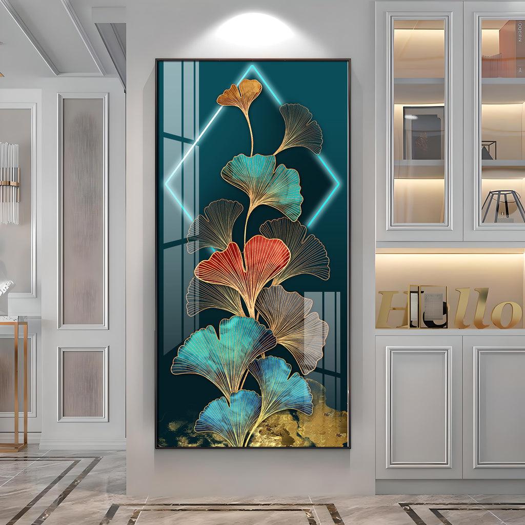 Elegant Ginkgo Leaf Gold Foil Entrance Hall Acrylic Vertical Wall Art - Decor Mantra 