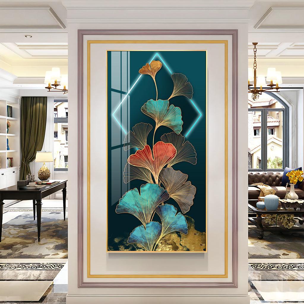 Elegant Ginkgo Leaf Gold Foil Entrance Hall Acrylic Vertical Wall Art - Decor Mantra 