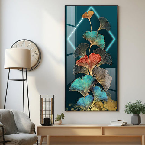 Elegant Ginkgo Leaf Gold Foil Entrance Hall Acrylic Vertical Wall Art - Decor Mantra 