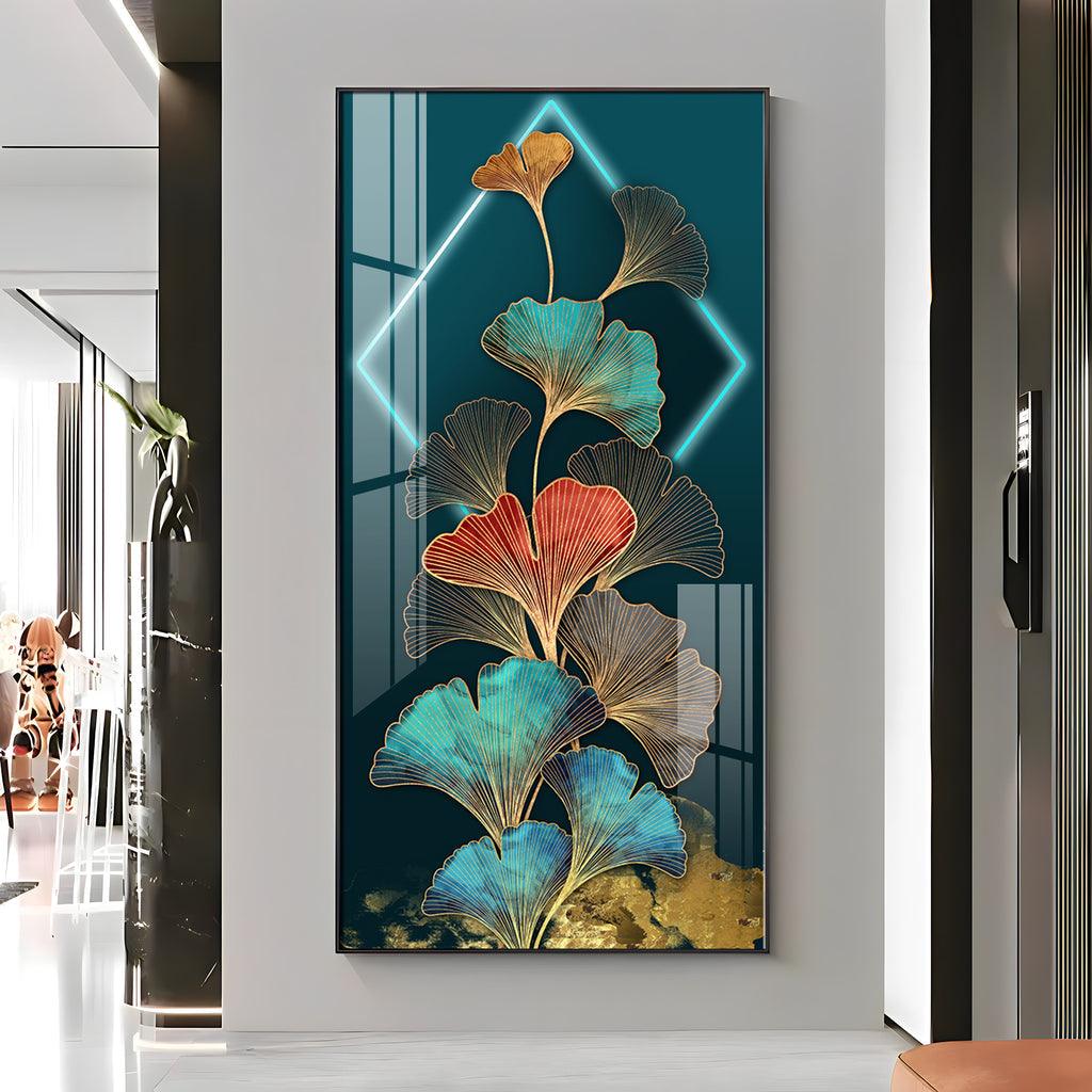 Elegant Ginkgo Leaf Gold Foil Entrance Hall Acrylic Vertical Wall Art - Decor Mantra 